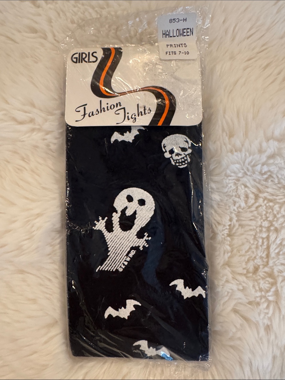 Girls' Halloween Black & White Ghost Print Fashion Tights size 7-10